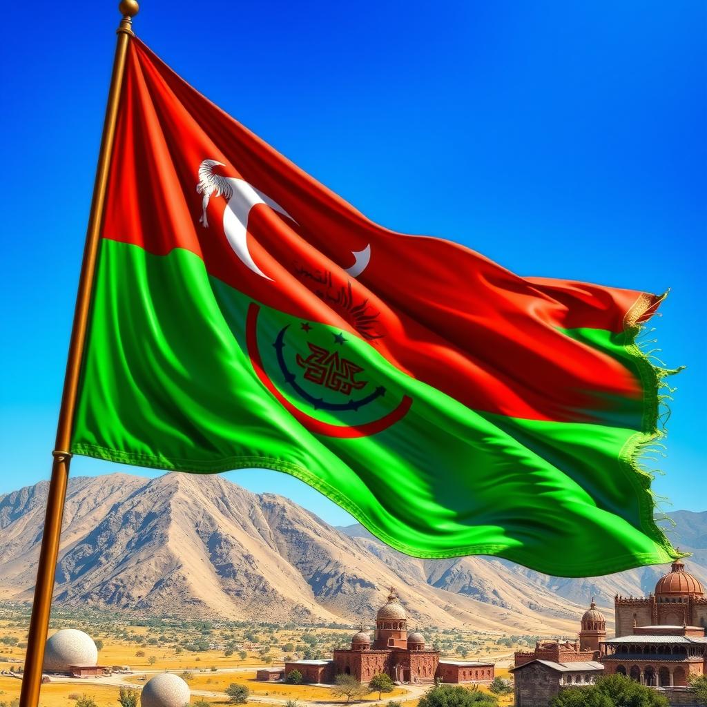 A detailed and vibrant depiction of the Darfash Kaviani flag, featuring rich colors and intricate designs that represent its cultural significance