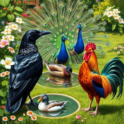 A realistic depiction of a sleek black crow, a colorful peacock with its feathers fully fanned, a calm duck gliding on a clear pond, and a vibrant rooster standing proudly on the grass