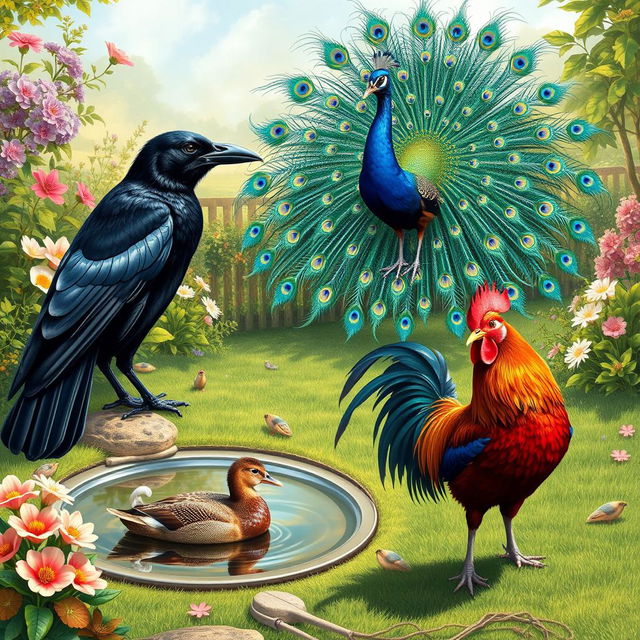 A realistic depiction of a sleek black crow, a colorful peacock with its feathers fully fanned, a calm duck gliding on a clear pond, and a vibrant rooster standing proudly on the grass