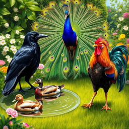 A realistic depiction of a sleek black crow, a colorful peacock with its feathers fully fanned, a calm duck gliding on a clear pond, and a vibrant rooster standing proudly on the grass