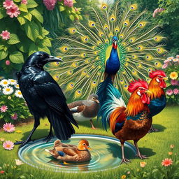 A realistic depiction of a sleek black crow, a colorful peacock with its feathers fully fanned, a calm duck gliding on a clear pond, and a vibrant rooster standing proudly on the grass
