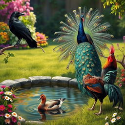 A realistic portrayal of a crow, a peacock, a duck, and a rooster in a vibrant garden setting