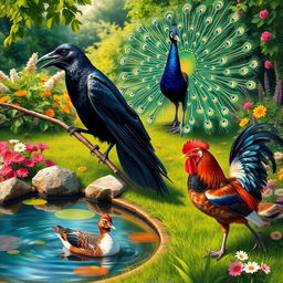 A realistic portrayal of a crow, a peacock, a duck, and a rooster in a vibrant garden setting