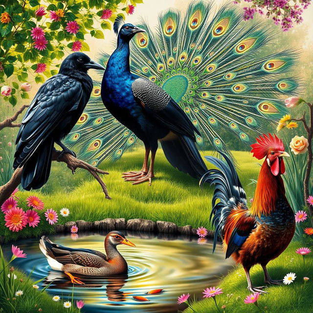 A realistic portrayal of a crow, a peacock, a duck, and a rooster in a vibrant garden setting