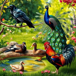 A realistic portrayal of a crow, a peacock, a duck, and a rooster in a vibrant garden setting