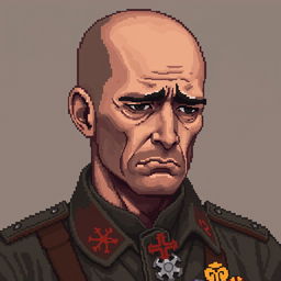 A high detailed pixel art portrait of a sad soldier man, showcasing his somber expression and weary eyes