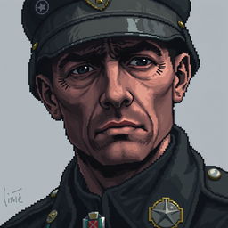 A high detailed pixel art portrait of a sad soldier man, showcasing his somber expression and weary eyes