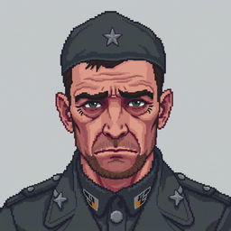 A high detailed pixel art portrait of a sad soldier man, showcasing his somber expression and weary eyes
