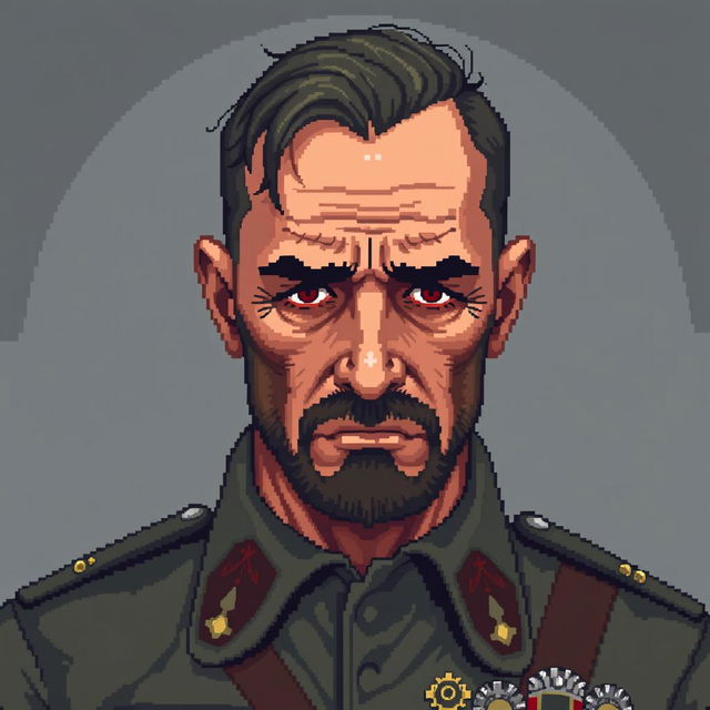 A high detailed pixel art portrait of a sad soldier man, showcasing his somber expression and weary eyes