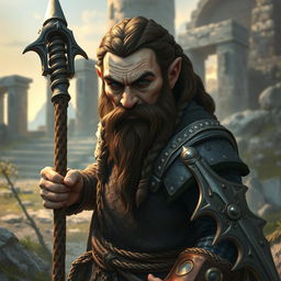A dwarf cleric warrior with a broken nose, braided brown hair, and steel gray eyes, wearing a chainmail armor and wielding a flail