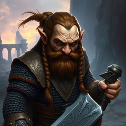A dwarf cleric warrior with a broken nose, braided brown hair, and steel gray eyes, wearing a chainmail armor and wielding a flail