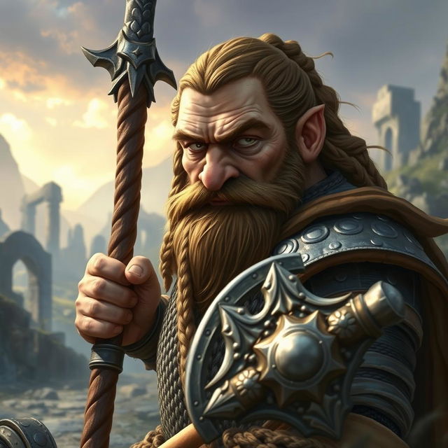 A dwarf cleric warrior with a broken nose, braided brown hair, and steel gray eyes, wearing a chainmail armor and wielding a flail