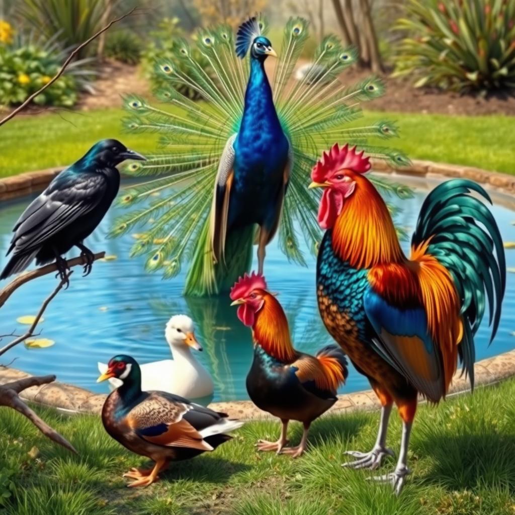 A realistic scene featuring a crow, a peacock, a duck, and a rooster together in a natural outdoor setting