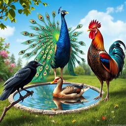 A realistic scene featuring a crow, a peacock, a duck, and a rooster together in a natural outdoor setting