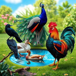 A realistic scene featuring a crow, a peacock, a duck, and a rooster together in a natural outdoor setting