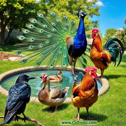 A realistic scene featuring a crow, a peacock, a duck, and a rooster together in a natural outdoor setting