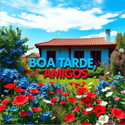 A hyper-realistic papercut style image featuring a bright blue sky, a garden filled with vibrant blue, red, and white flowers, and a colonial house painted in shades of blue, red, and white