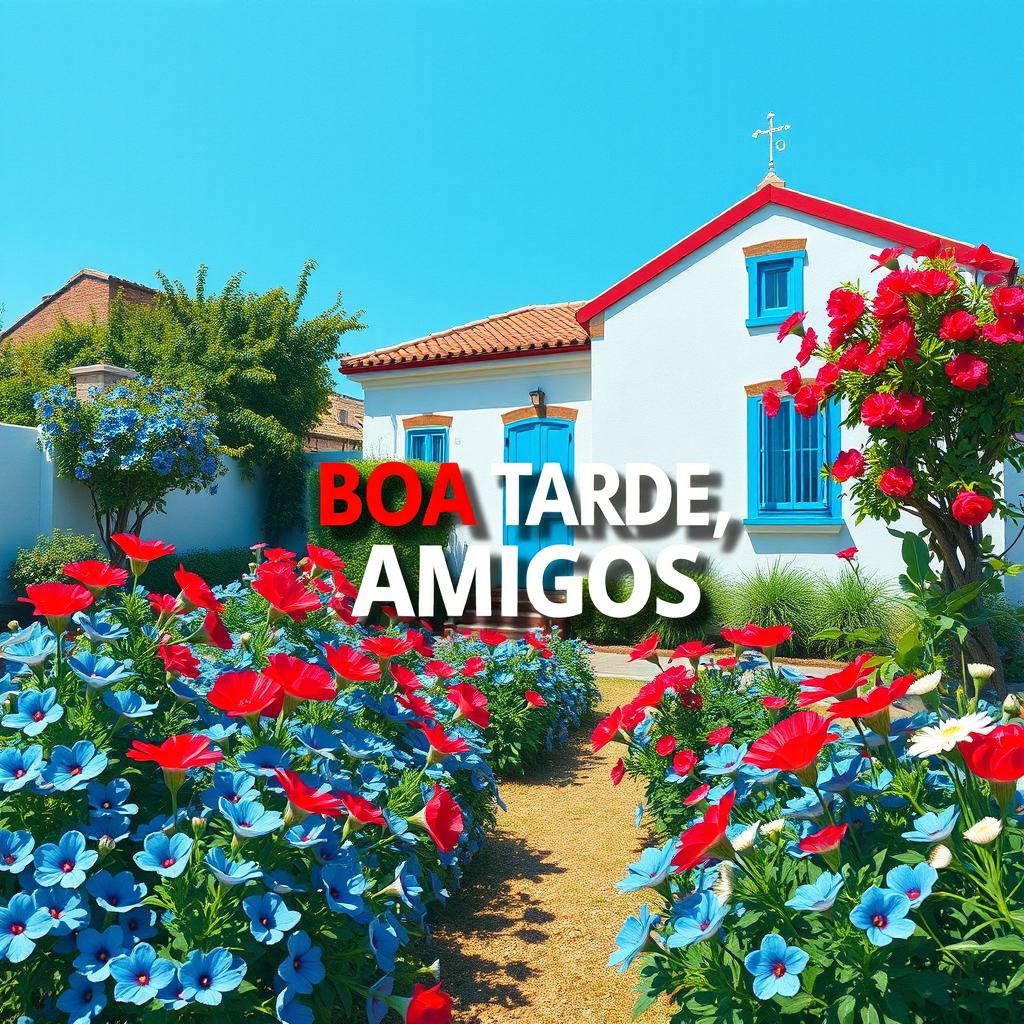 A hyper-realistic papercut style image featuring a bright blue sky, a garden filled with vibrant blue, red, and white flowers, and a colonial house painted in shades of blue, red, and white