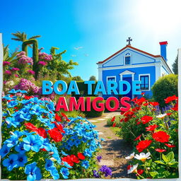 A hyper-realistic papercut style image featuring a bright blue sky, a garden filled with vibrant blue, red, and white flowers, and a colonial house painted in shades of blue, red, and white