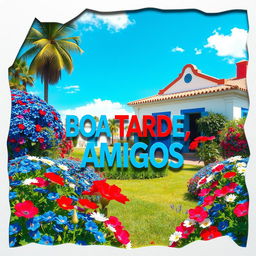 A hyper-realistic papercut style image featuring a bright blue sky, a garden filled with vibrant blue, red, and white flowers, and a colonial house painted in shades of blue, red, and white