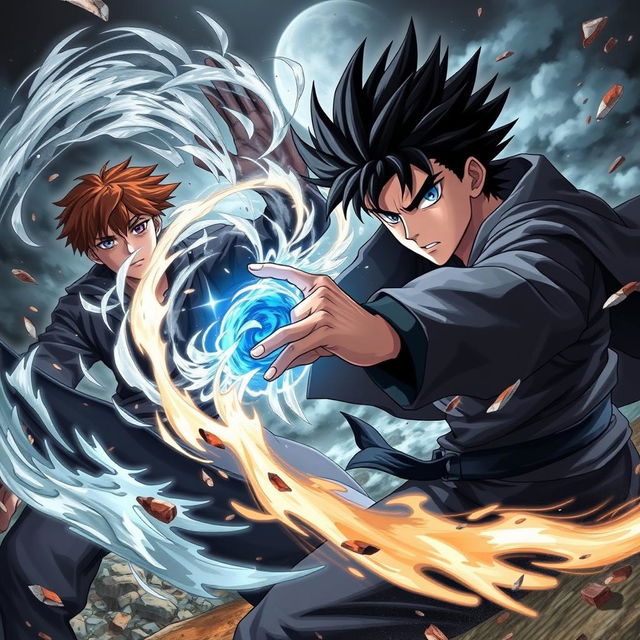 A captivating anime style illustration featuring a serious man with striking blue eyes and black spiky hair, wielding dark black magic as he engages in a fierce battle