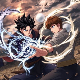 A captivating anime style illustration featuring a serious man with striking blue eyes and black spiky hair, wielding dark black magic as he engages in a fierce battle