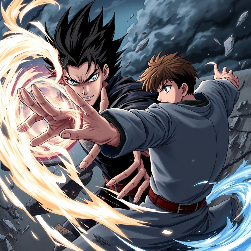 A captivating anime style illustration featuring a serious man with striking blue eyes and black spiky hair, wielding dark black magic as he engages in a fierce battle