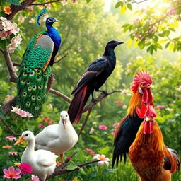 A vibrant and colorful scene featuring a majestic peacock displaying its iridescent feathered tail, a sleek black crow perched elegantly on a branch, a charming white duck waddling nearby, and a proud rooster strutting with its bright red comb