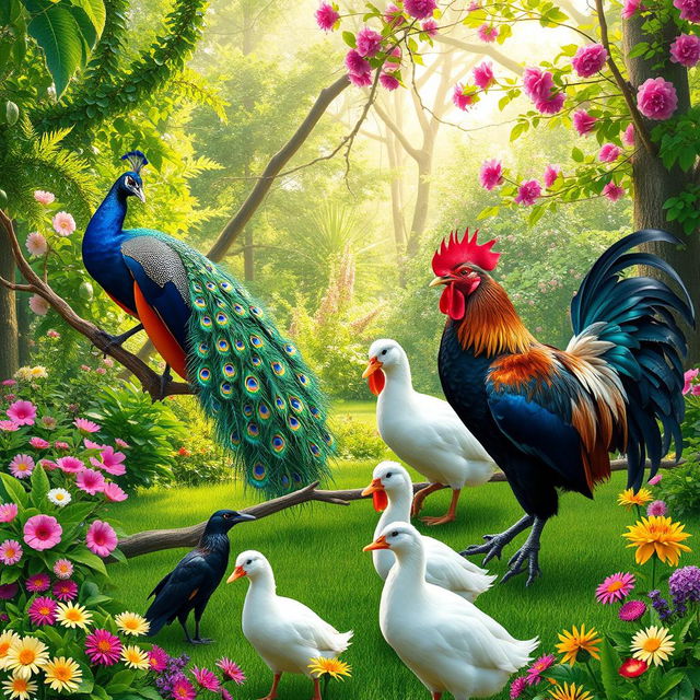 A vibrant and colorful scene featuring a majestic peacock displaying its iridescent feathered tail, a sleek black crow perched elegantly on a branch, a charming white duck waddling nearby, and a proud rooster strutting with its bright red comb