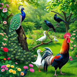 A vibrant and colorful scene featuring a majestic peacock displaying its iridescent feathered tail, a sleek black crow perched elegantly on a branch, a charming white duck waddling nearby, and a proud rooster strutting with its bright red comb