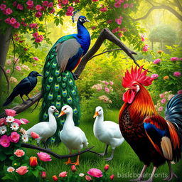 A vibrant and colorful scene featuring a majestic peacock displaying its iridescent feathered tail, a sleek black crow perched elegantly on a branch, a charming white duck waddling nearby, and a proud rooster strutting with its bright red comb