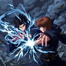 An exhilarating anime style illustration depicting a serious man with captivating blue eyes and black spiky hair, harnessing dark black magic as he engages in an intense duel