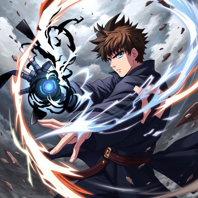 An exhilarating anime style illustration depicting a serious man with captivating blue eyes and black spiky hair, harnessing dark black magic as he engages in an intense duel