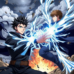 An exhilarating anime style illustration depicting a serious man with captivating blue eyes and black spiky hair, harnessing dark black magic as he engages in an intense duel