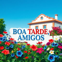 A hyper-realistic papercut style image featuring a blue sky and a garden filled with vibrant flowers in blue, red, and white