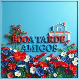 A hyper-realistic papercut style image featuring a blue sky and a garden filled with vibrant flowers in blue, red, and white