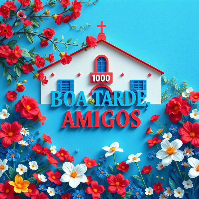 A hyper-realistic papercut style image featuring a blue sky and a garden filled with vibrant flowers in blue, red, and white