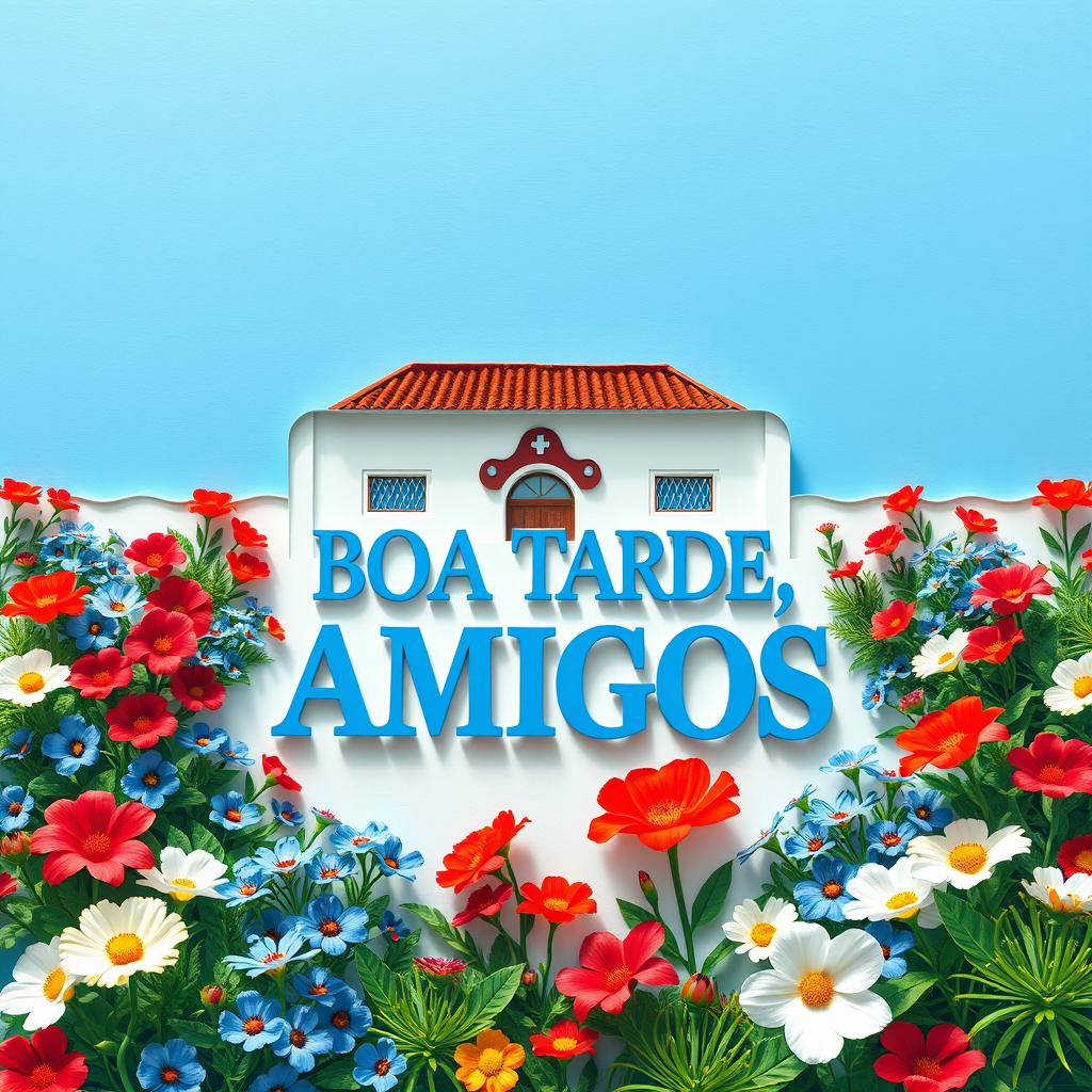 A hyper-realistic papercut style image featuring a blue sky and a garden filled with vibrant flowers in blue, red, and white