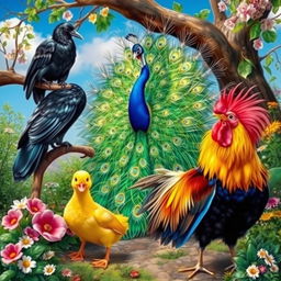A vibrant and colorful scene featuring a crow, a peacock, a duck, and a rooster gathered together in a lush garden setting