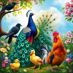 A vibrant and colorful scene featuring a crow, a peacock, a duck, and a rooster gathered together in a lush garden setting