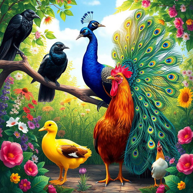 A vibrant and colorful scene featuring a crow, a peacock, a duck, and a rooster gathered together in a lush garden setting