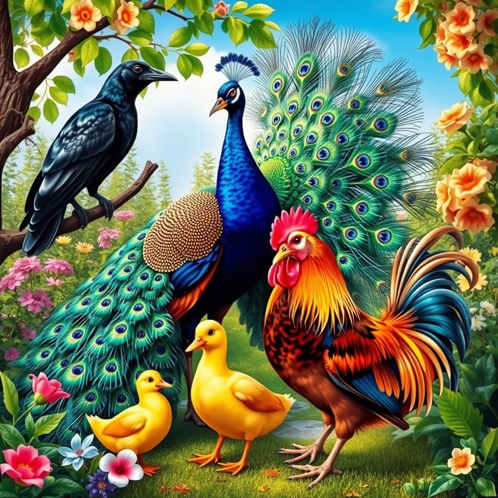 A vibrant and colorful scene featuring a crow, a peacock, a duck, and a rooster gathered together in a lush garden setting