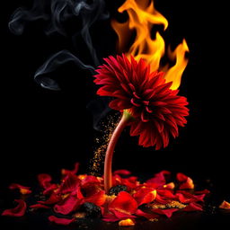 A striking deep red blood dahlia, with its stem engulfed in flames, set against a black background