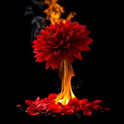 A striking deep red blood dahlia, with its stem engulfed in flames, set against a black background