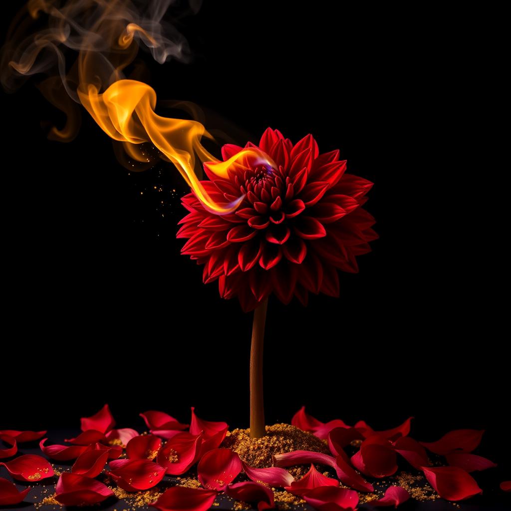 A striking deep red blood dahlia, with its stem engulfed in flames, set against a black background