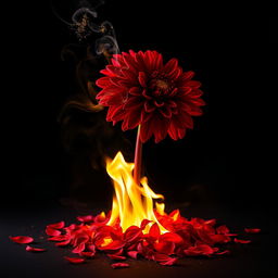 A striking deep red blood dahlia, with its stem engulfed in flames, set against a black background