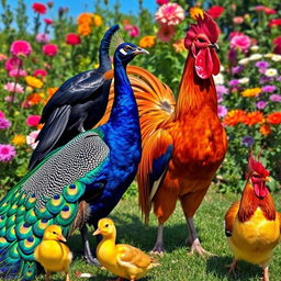 A vibrant and colorful scene featuring a majestic peacock with its tail feathers fully displayed, showcasing a spectrum of iridescent colors