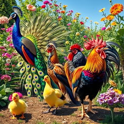 A vibrant and colorful scene featuring a majestic peacock with its tail feathers fully displayed, showcasing a spectrum of iridescent colors