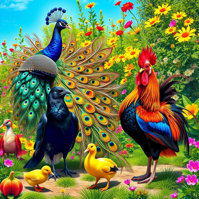 A vibrant and colorful scene featuring a majestic peacock with its tail feathers fully displayed, showcasing a spectrum of iridescent colors