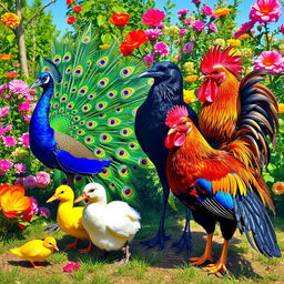A vibrant and colorful scene featuring a majestic peacock with its tail feathers fully displayed, showcasing a spectrum of iridescent colors